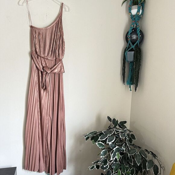 Halston Heritage Pleated Lamé Metallic One-Shoulder Maxi Dress 8 Belted Gown - Picture 1 of 9